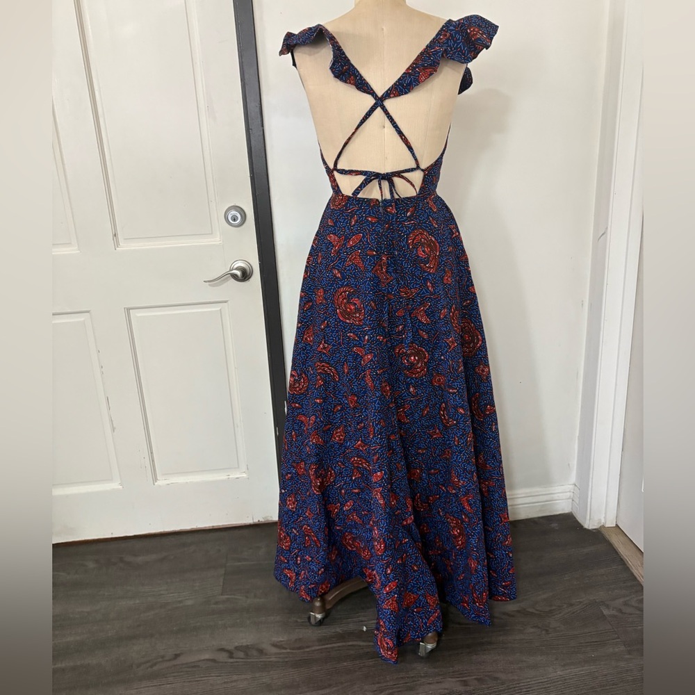 African Halter Blue Print Floral and Red Maxi Dress - Picture 7 of 9